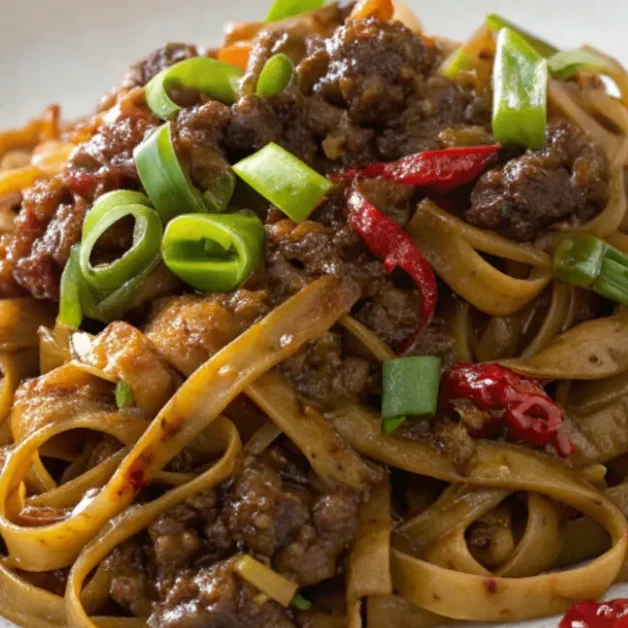 A close-up image of Mongolian Ground Beef Noodles served in a white plate with caramelized ground beef, green onions, and glossy soy sauce