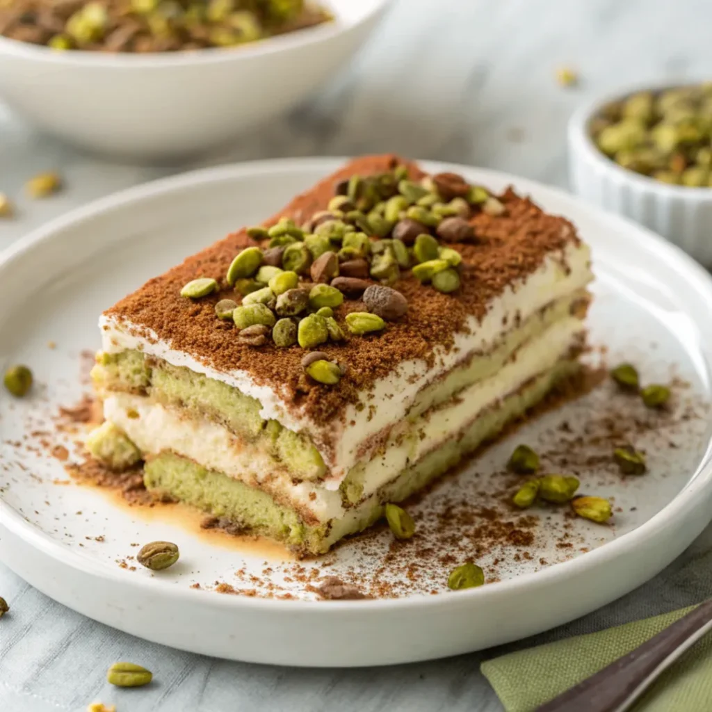 Layered pistachio cream tiramisu topped with crushed pistachios on a white plate