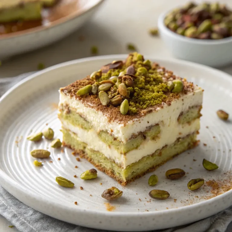 Layered pistachio cream tiramisu topped with crushed pistachios on a white plate