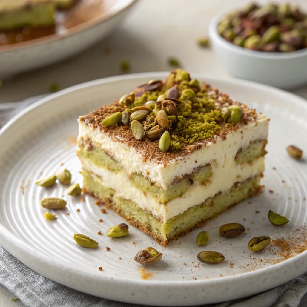 Layered pistachio cream tiramisu topped with crushed pistachios on a white plate