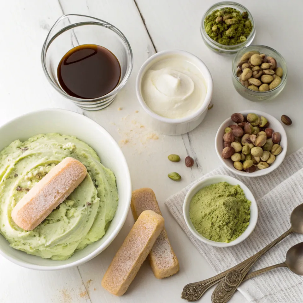 Ingredients for pistachio cream tiramisu arranged on a white surface including mascarpone, pistachio paste, ladyfingers, and heavy cream