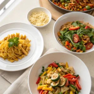 Overhead shot of assorted quick and easy meals served in white plates, showcasing simple and fast dishes with fresh, vibrant ingredients