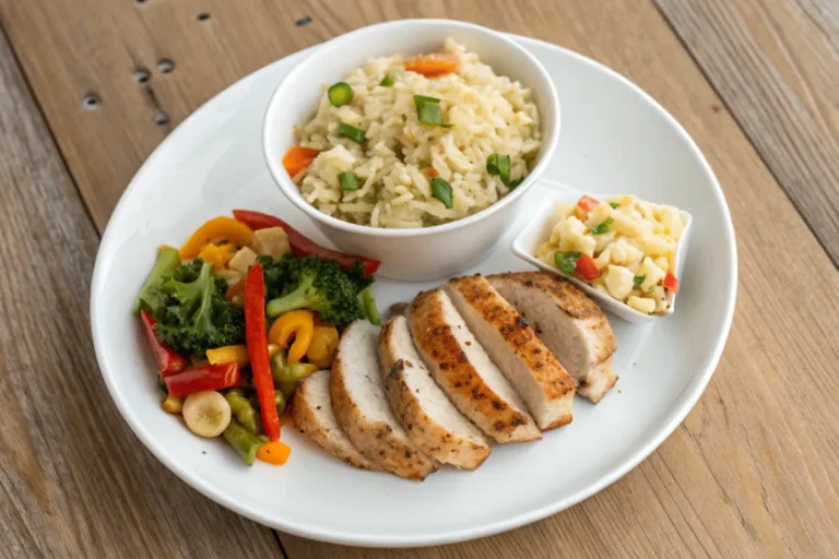 Quick and easy meals arranged on a white plate, including pasta, stir fry, rice bowl ingredients, and sliced chicken, photographed in natural light for BeesRecipes.