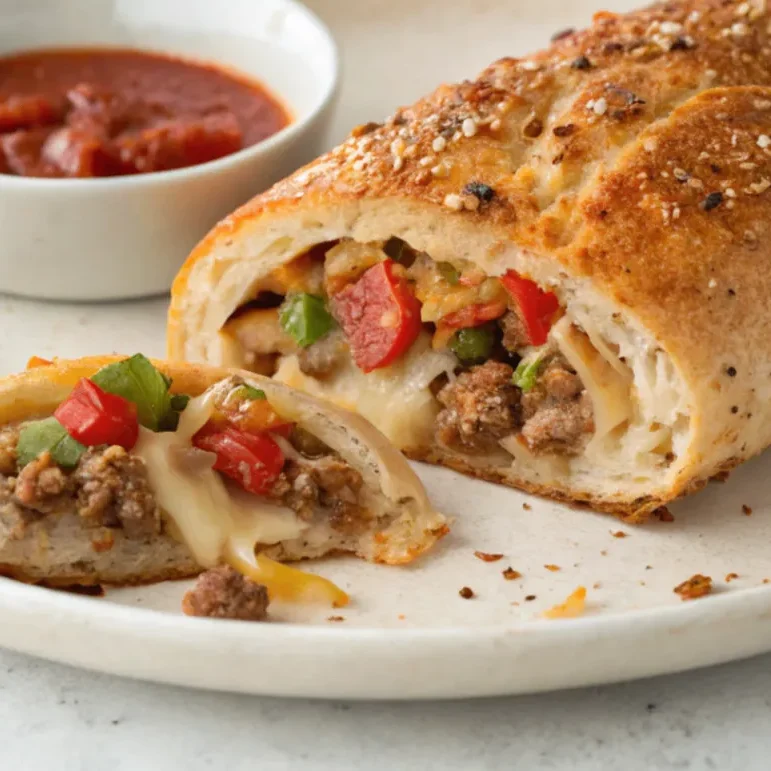 Close-up of sliced sausage pepper and onion stromboli showing melted mozzarella, cooked Italian sausage, and sautéed peppers and onions on a golden baked crust