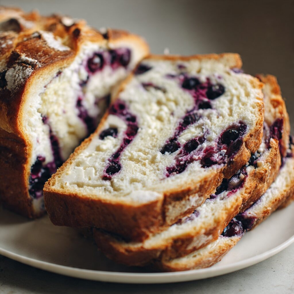 Blueberry cream cheese sourdough bread loaf sliced to show blueberries and creamy filling