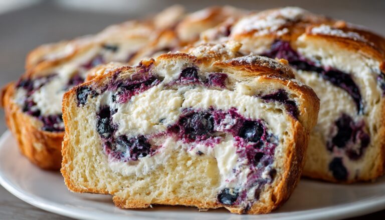 Blueberry cream cheese sourdough bread loaf sliced to show blueberries and creamy filling