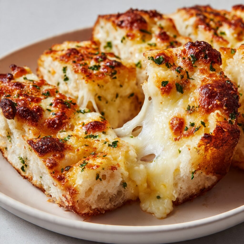 Cheesy bread recipe with mozzarella cheese baked until golden and bubbly on a white plate