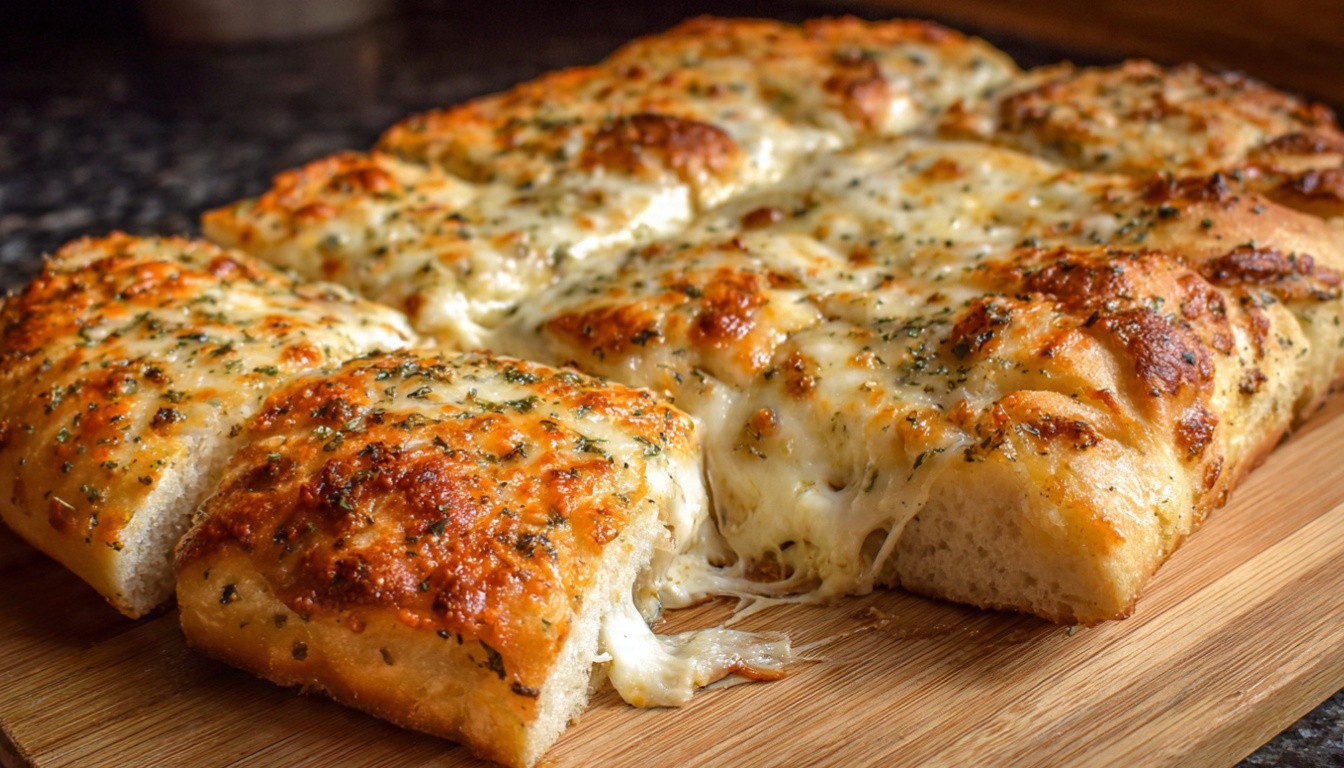 Cheesy bread recipe with mozzarella cheese baked until golden and bubbly on a white plate