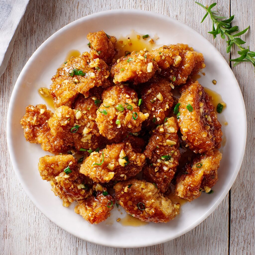 Crispy honey garlic chicken coated in a sticky sweet and savory sauce