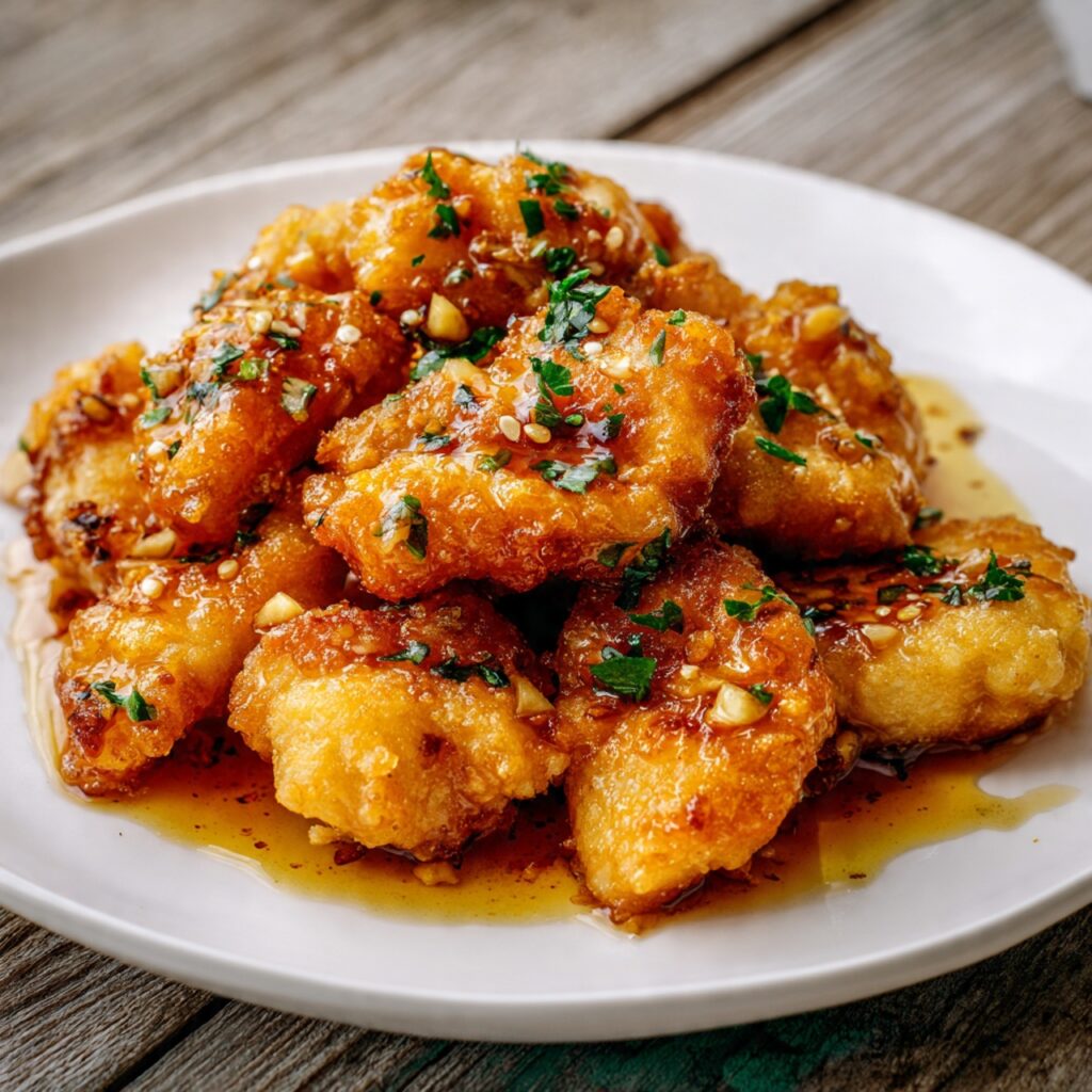 Crispy honey garlic chicken coated in a sticky sweet and savory sauce