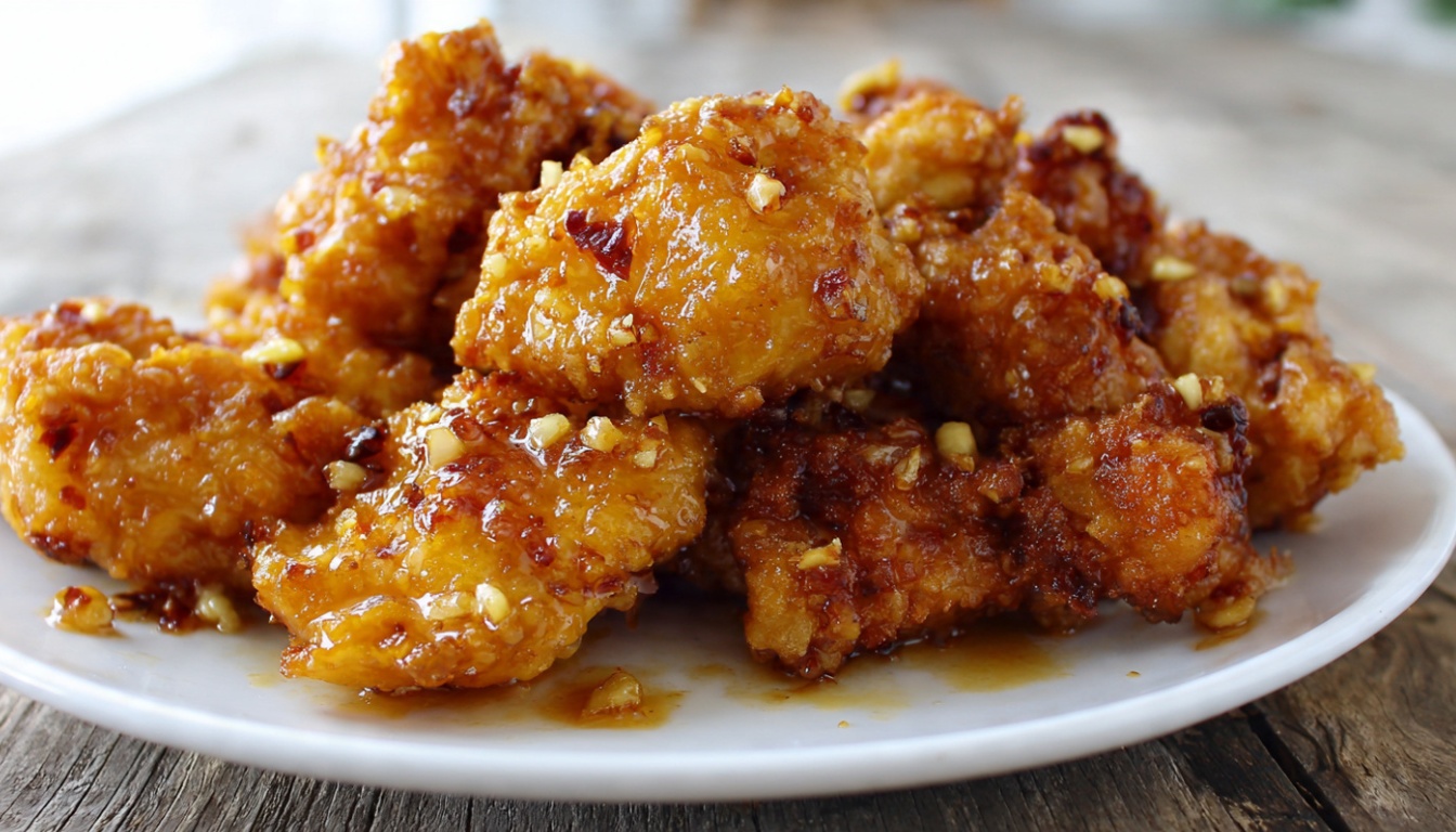 Crispy honey garlic chicken coated in a sticky sweet and savory sauce