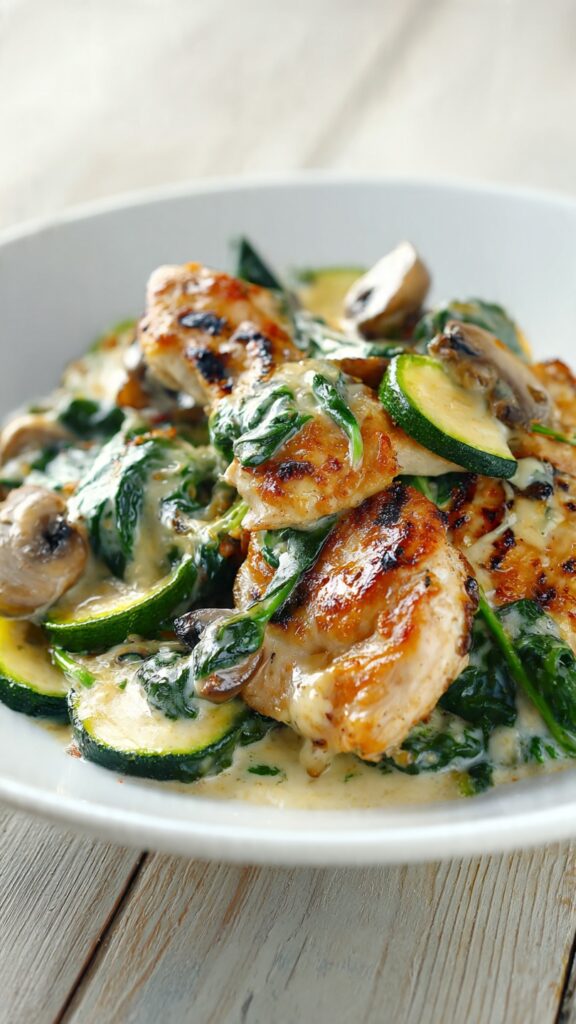 A professional food photography image showcasing easy keto recipes for beginners with low carb vegetables and creamy sauce