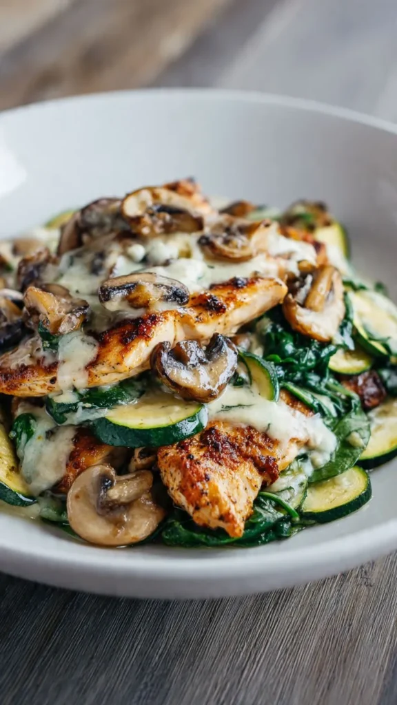 A professional food photography image showcasing easy keto recipes for beginners with low carb vegetables and creamy sauce