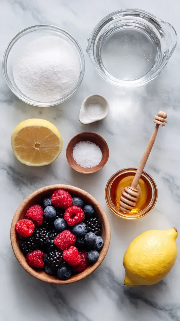 Ingredients for healthy gelatin recipe including unflavored gelatin powder, fresh mixed berries, honey, lemon and water on white marble surface