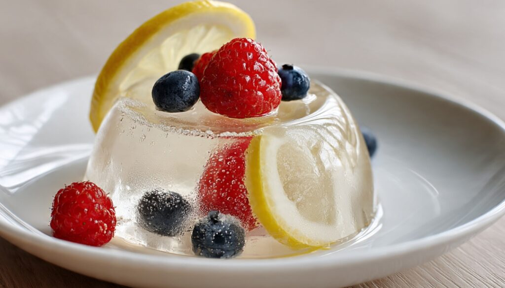 Low calorie gelatin dessert for weight loss served with fresh fruit in a glass bowl