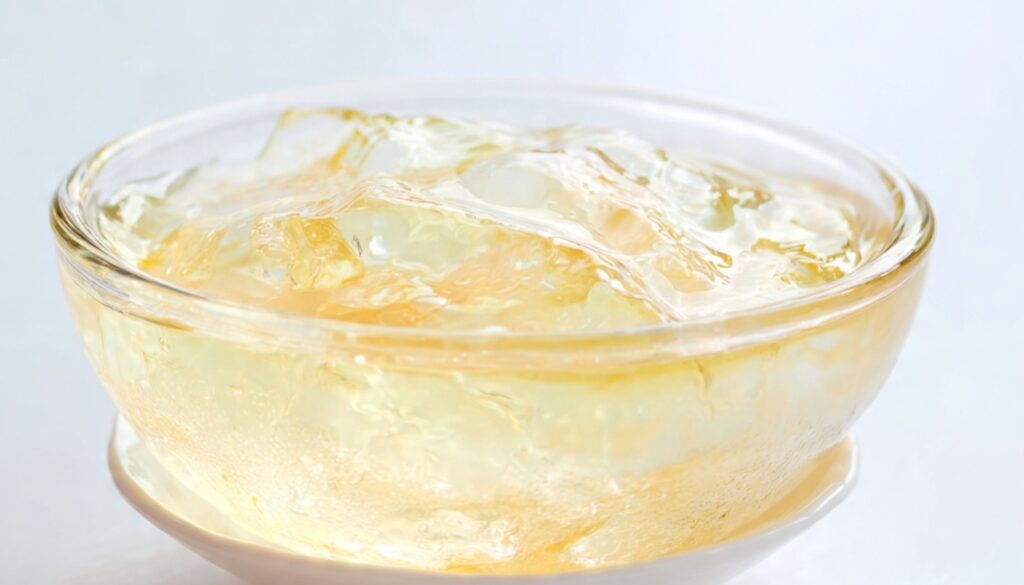 Low calorie gelatin dessert for weight loss served with fresh fruit in a glass bowl