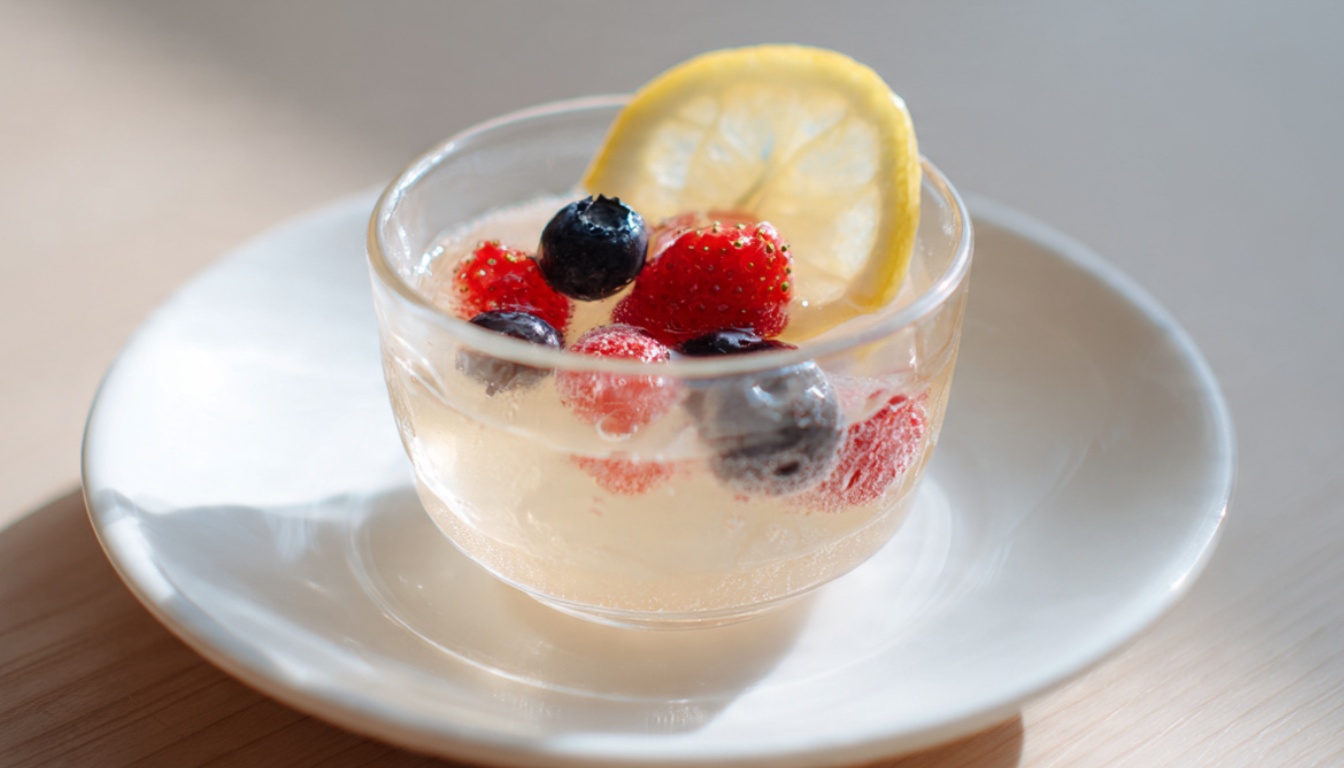 Low calorie gelatin dessert for weight loss served with fresh fruit in a glass bowl
