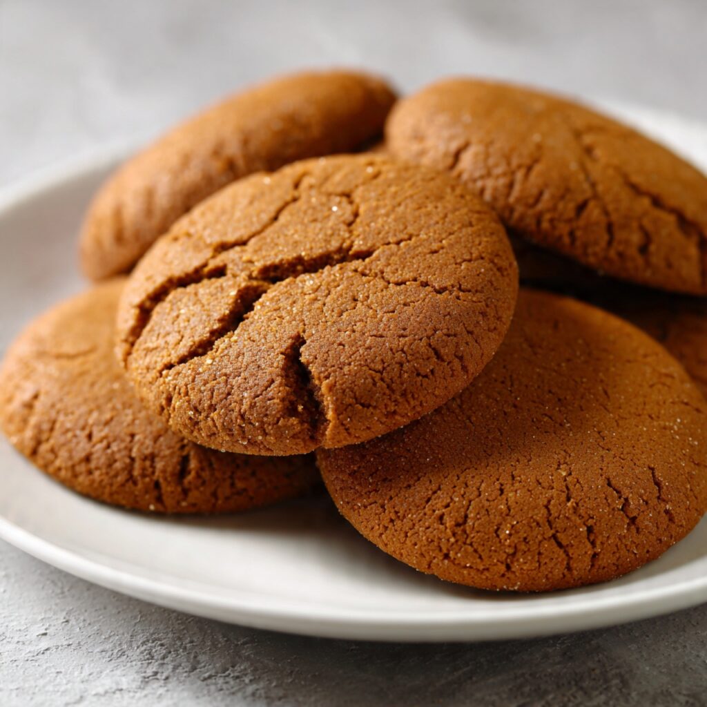 Gingerbread cookies baked to golden brown with classic cut-out shapes on a white plate