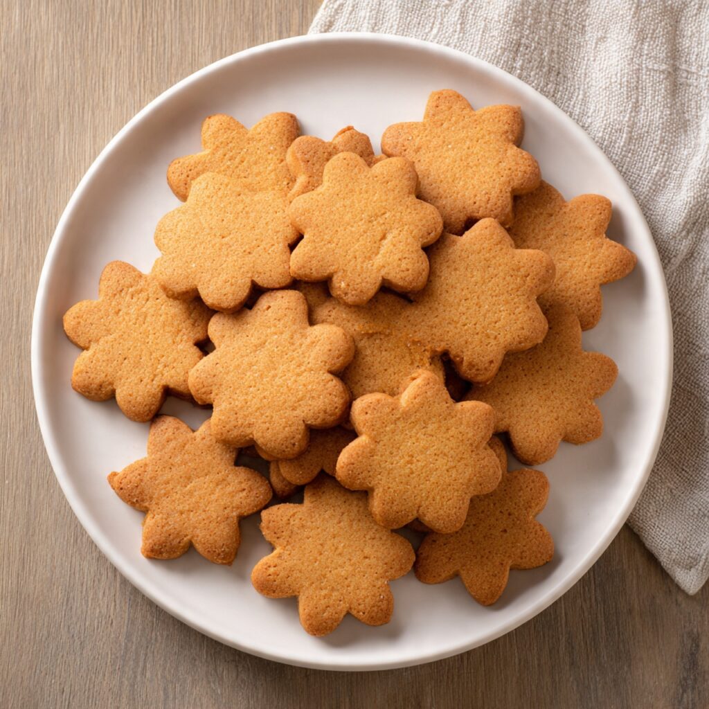 Gingerbread cookies baked to golden brown with classic cut-out shapes on a white plate