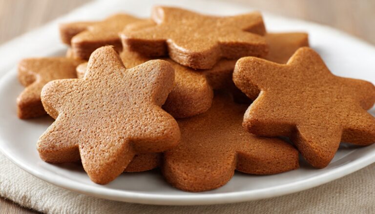 Gingerbread cookies baked to golden brown with classic cut-out shapes on a white plate