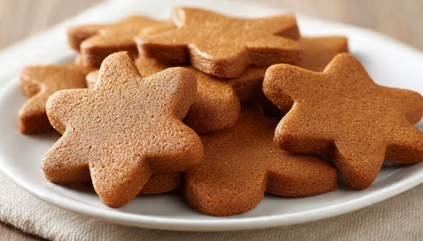 Gingerbread cookies baked to golden brown with classic cut-out shapes on a white plate