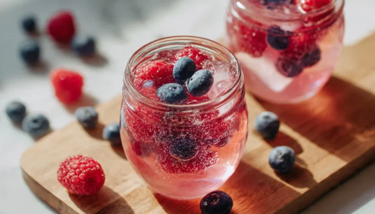 Homemade low-calorie berry gelatin cups in glass mason jars with fresh raspberries and blueberries, healthy protein dessert for weight loss