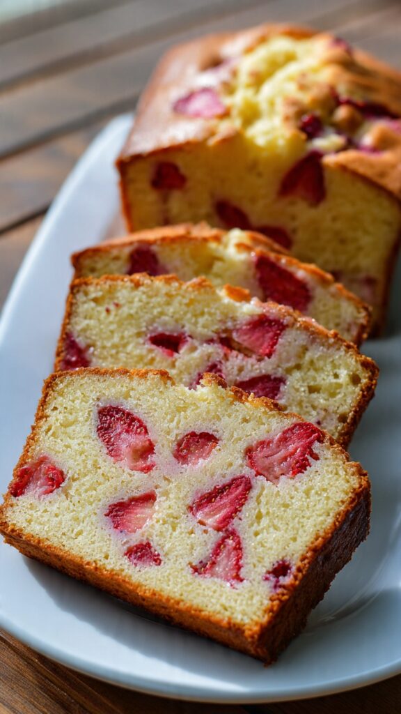 Homemade Strawberry Cream Cheese Pound Cake with fresh strawberries and moist crumb