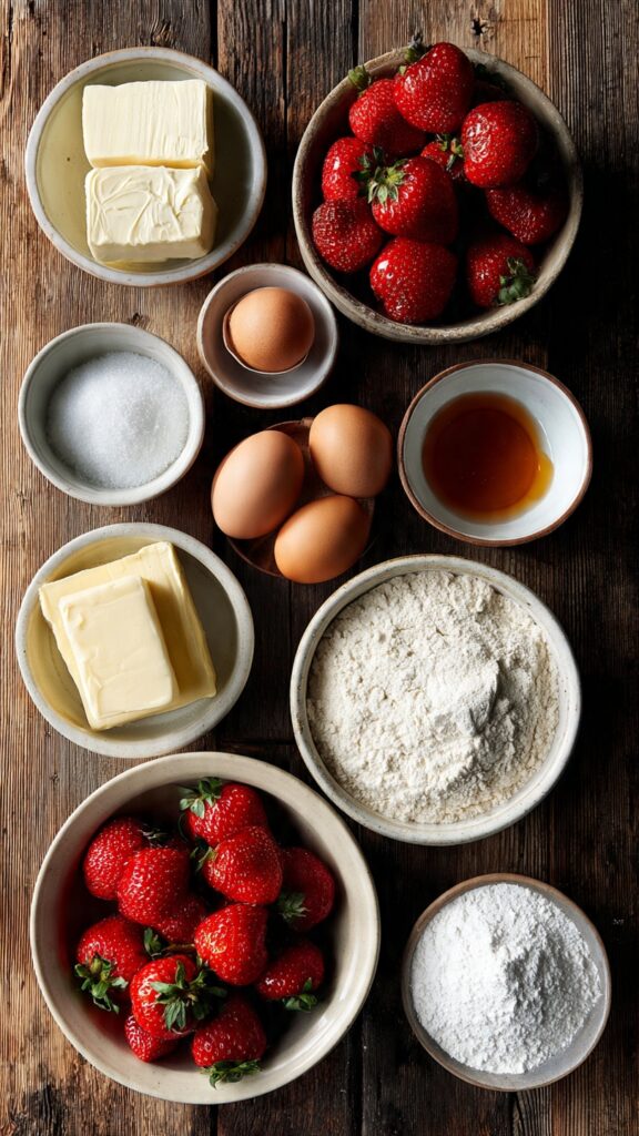 Ingredients for Homemade Strawberry Cream Cheese Pound Cake including strawberries, cream cheese, butter, and eggs