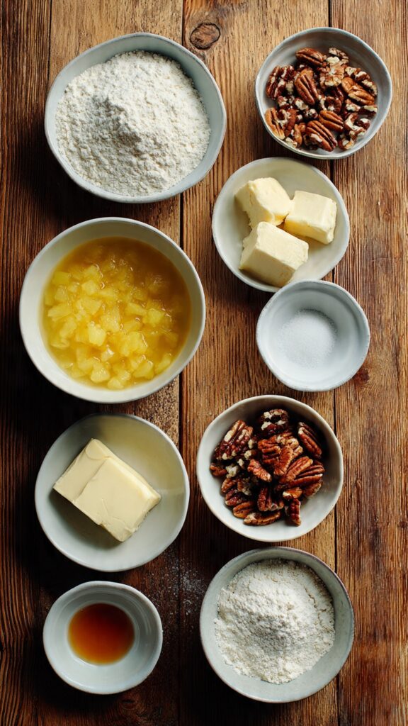 Ingredients for Southern Creamy Pineapple Pecan Cake including pineapple, pecans, flour, eggs, and cream cheese