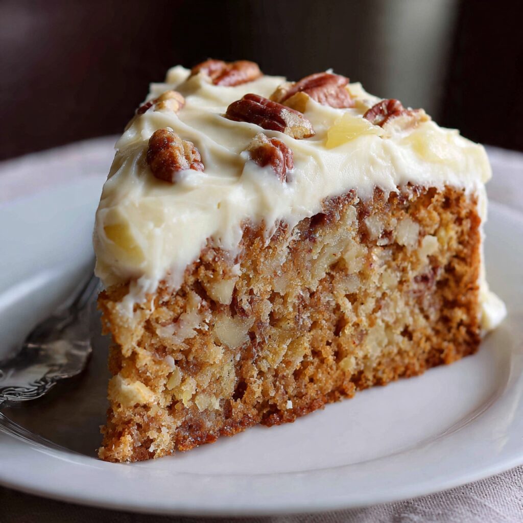 Southern Creamy Pineapple Pecan Cake topped with cream cheese frosting and toasted pecans