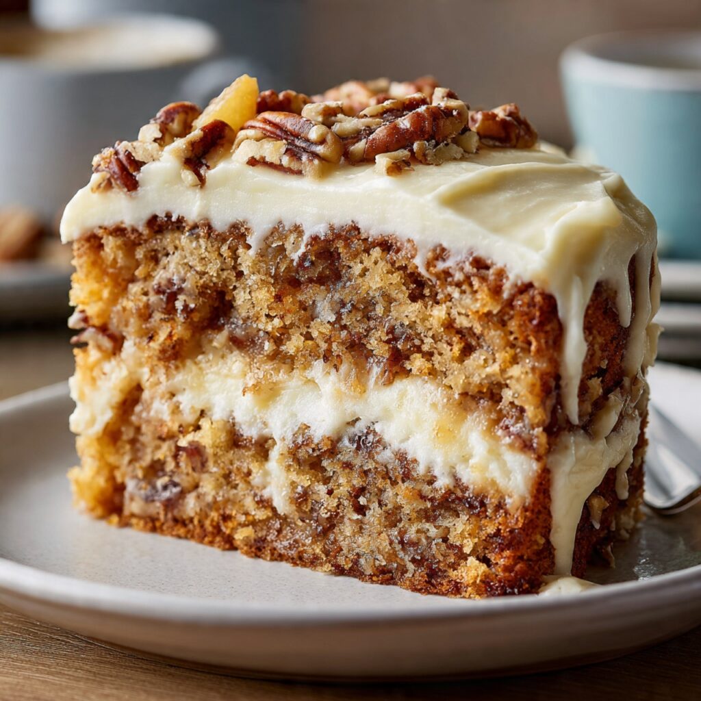 Southern Creamy Pineapple Pecan Cake topped with cream cheese frosting and toasted pecans