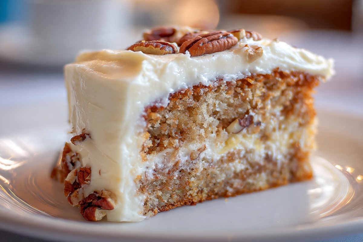 Southern Creamy Pineapple Pecan Cake topped with cream cheese frosting and toasted pecans