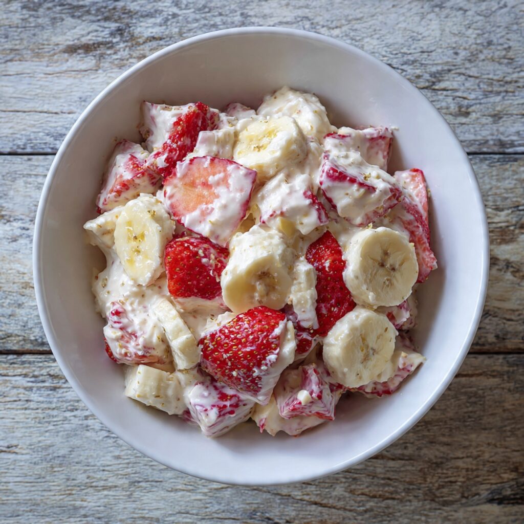 Strawberry banana cheesecake salad made with fresh fruit and creamy cheesecake dressing