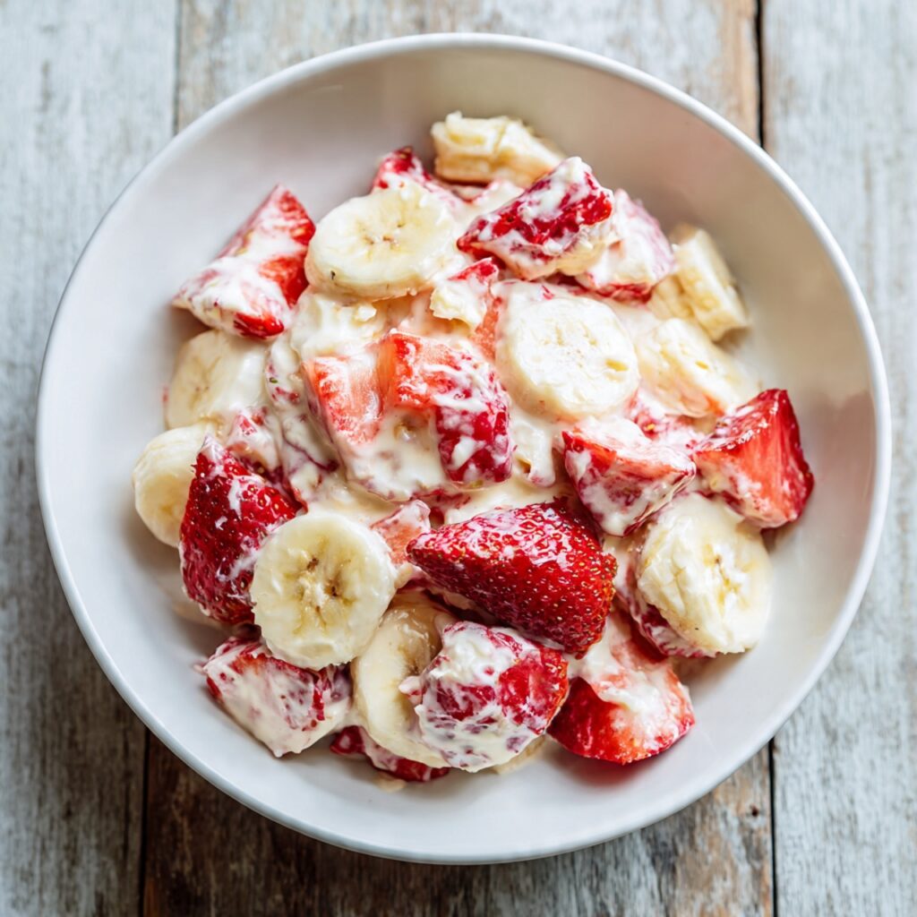Strawberry banana cheesecake salad made with fresh fruit and creamy cheesecake dressing
