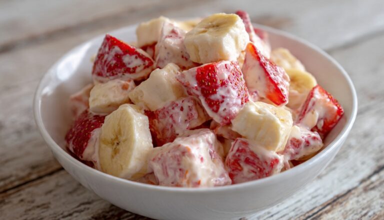 Strawberry banana cheesecake salad made with fresh fruit and creamy cheesecake dressing