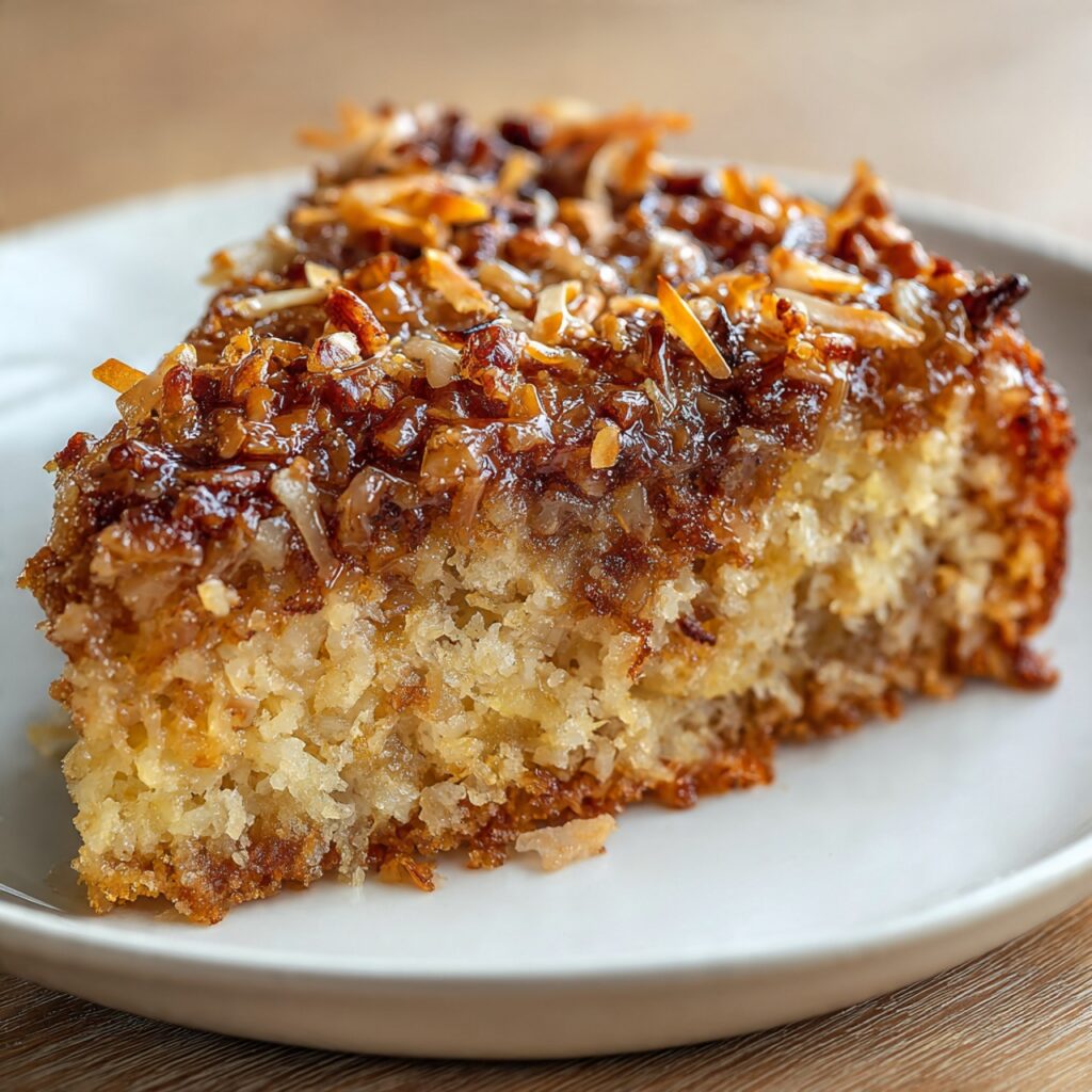 Texas Tornado Cake with coconut pecan topping served on a white plate