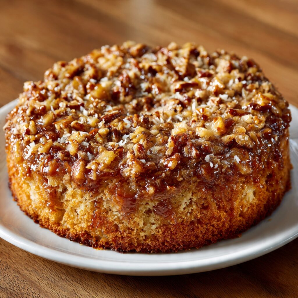 Texas Tornado Cake with coconut pecan topping served on a white plate