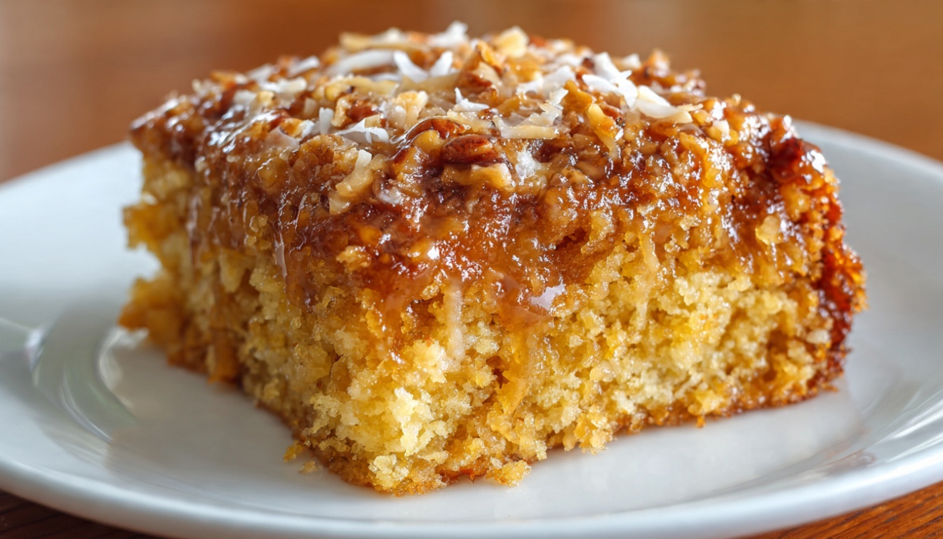 Texas Tornado Cake with coconut pecan topping served on a white plate