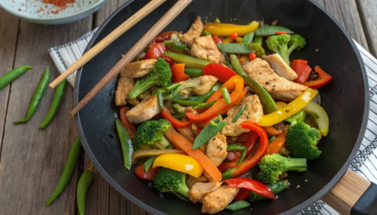 Colorful chicken veggie stir fry with bell peppers, broccoli, and snap peas in a wok