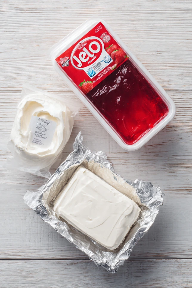 Three ingredients for no-bake cheesecake jello: Jell-O gelatin, cream cheese, and Cool Whip