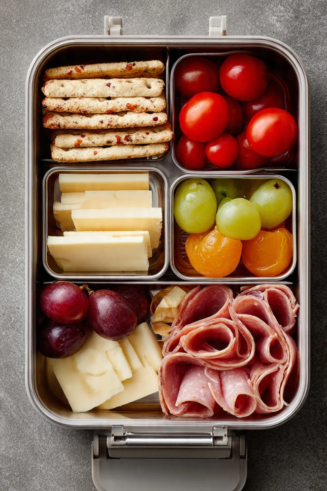 Homemade adult lunchable with crackers cheese meat and fruit in compartment container
