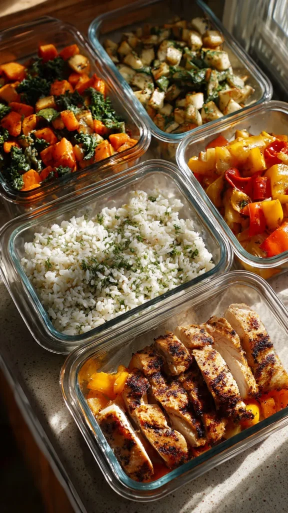 Glass containers with batch prepped rice vegetables and chicken for weekly lunches
