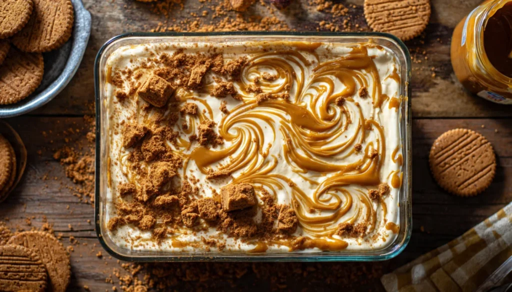 Layered Biscoff tiramisu in a glass dish showing coffee-soaked cookies and creamy mascarpone layers topped with cookie butter swirls and crushed Biscoff crumbs