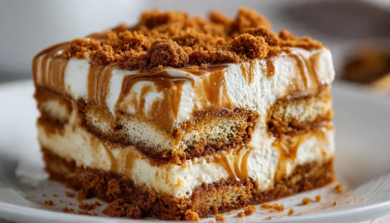 Layered Biscoff tiramisu in a glass dish showing coffee-soaked cookies and creamy mascarpone layers topped with cookie butter swirls and crushed Biscoff crumbs