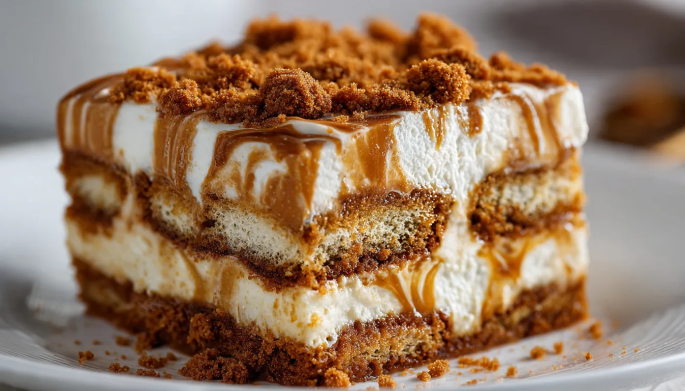 Layered Biscoff tiramisu in a glass dish showing coffee-soaked cookies and creamy mascarpone layers topped with cookie butter swirls and crushed Biscoff crumbs