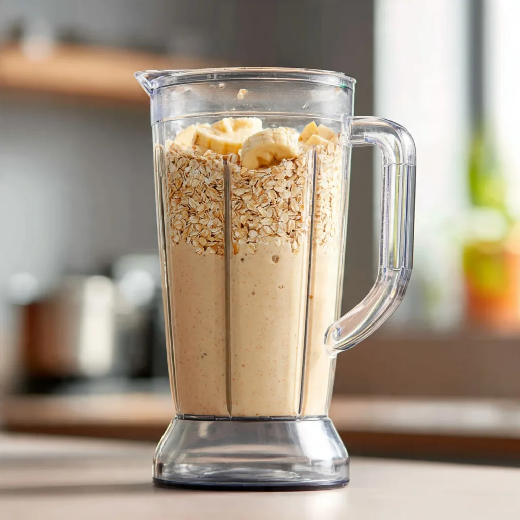 Blender filled with smooth banana oat pancake batter on kitchen counter