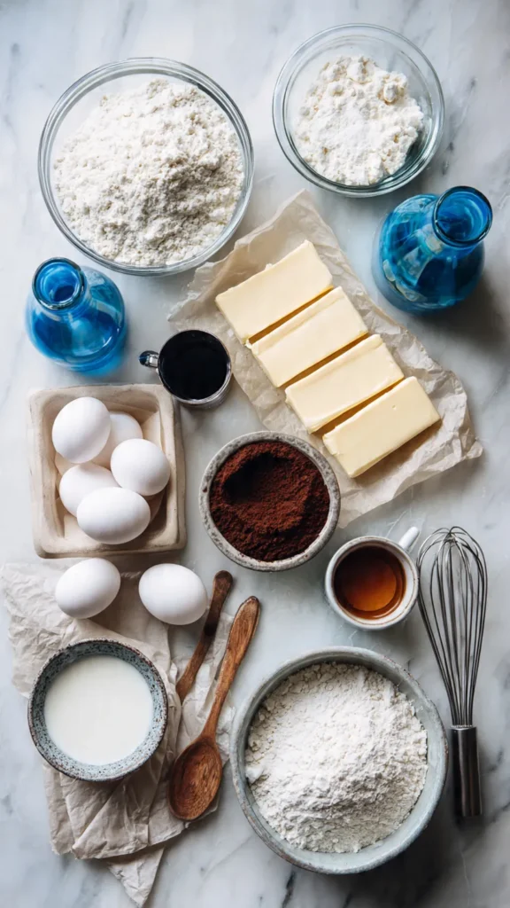 Ingredients for blue velvet swirl pound cake arranged on marble surface including flour, butter, eggs, blue food coloring, and buttermilk
