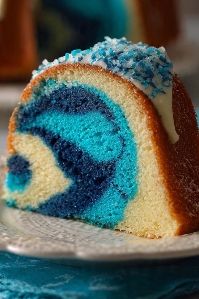 Blue velvet swirl pound cake sliced on white cake stand showing marbled blue and vanilla interior