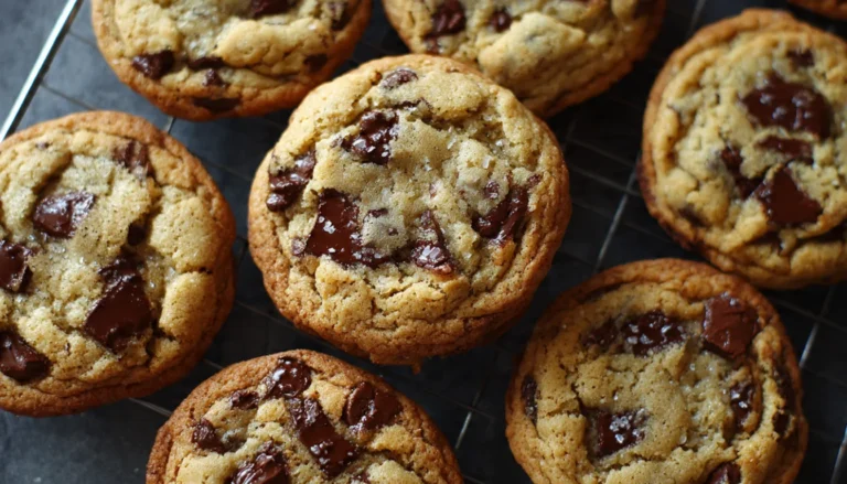 Brown Butter Chocolate Chip Cookies with golden edges and melted chocolate chips on a white plate