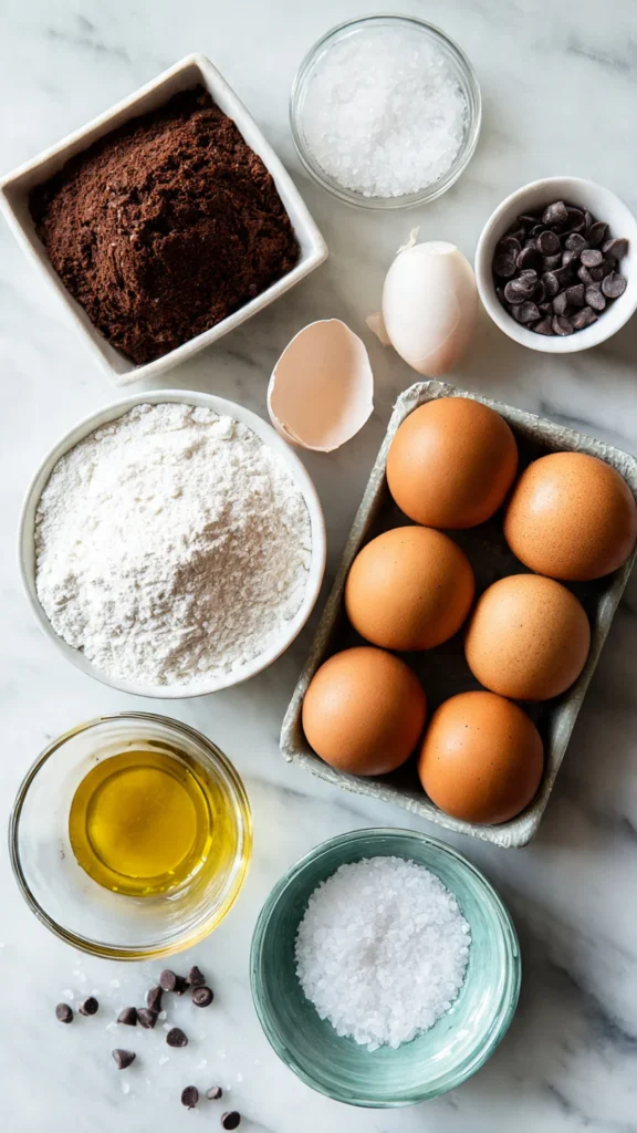 Brownie mix, eggs, oil, chocolate chips, and flaky sea salt laid out on white marble